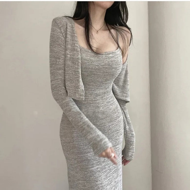 💕溫柔春秋高腰吊帶包臀連衣裙+薄款長袖兩件套