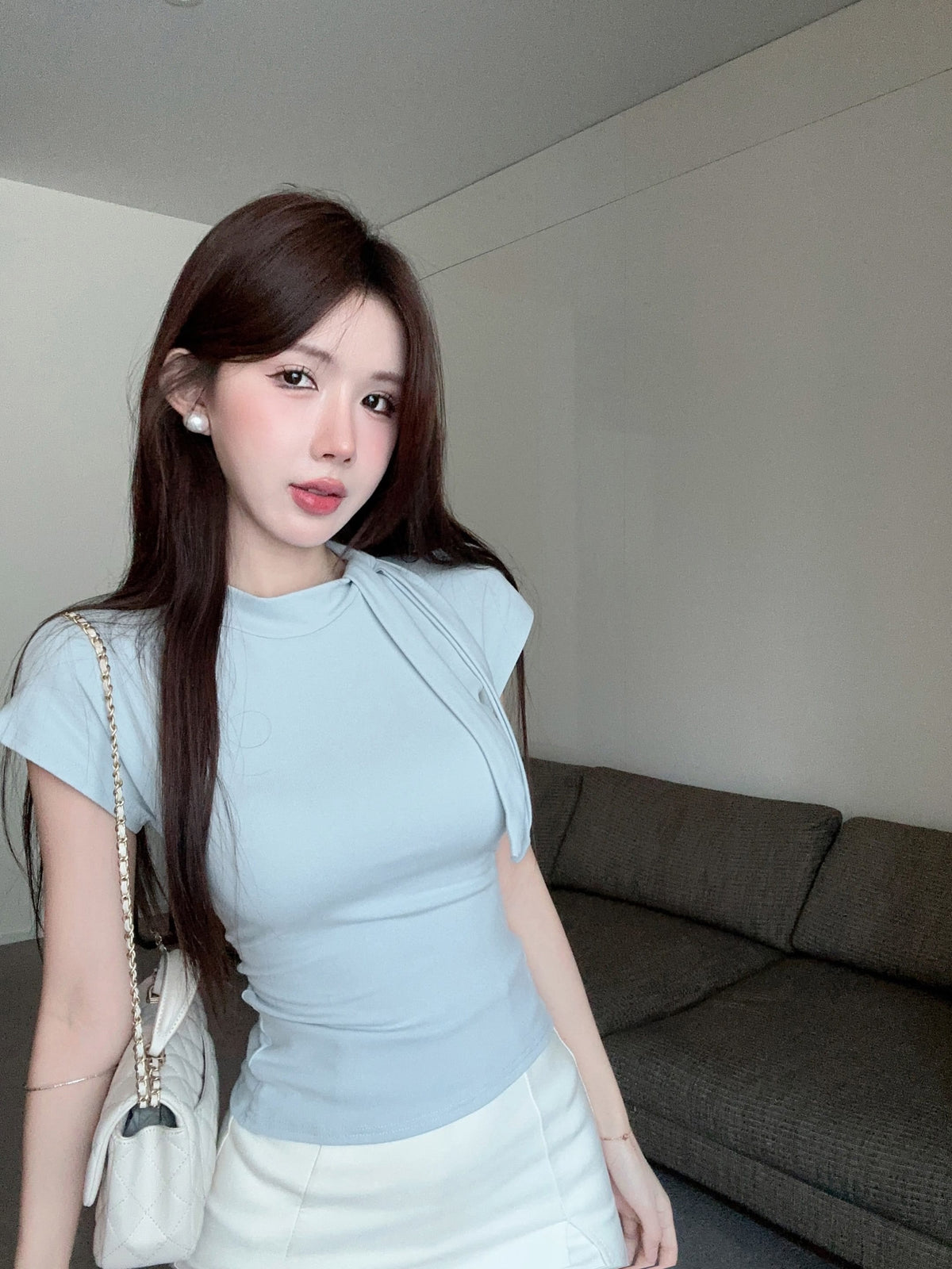 💕夏季設計款系帶圍巾領T袖上衣