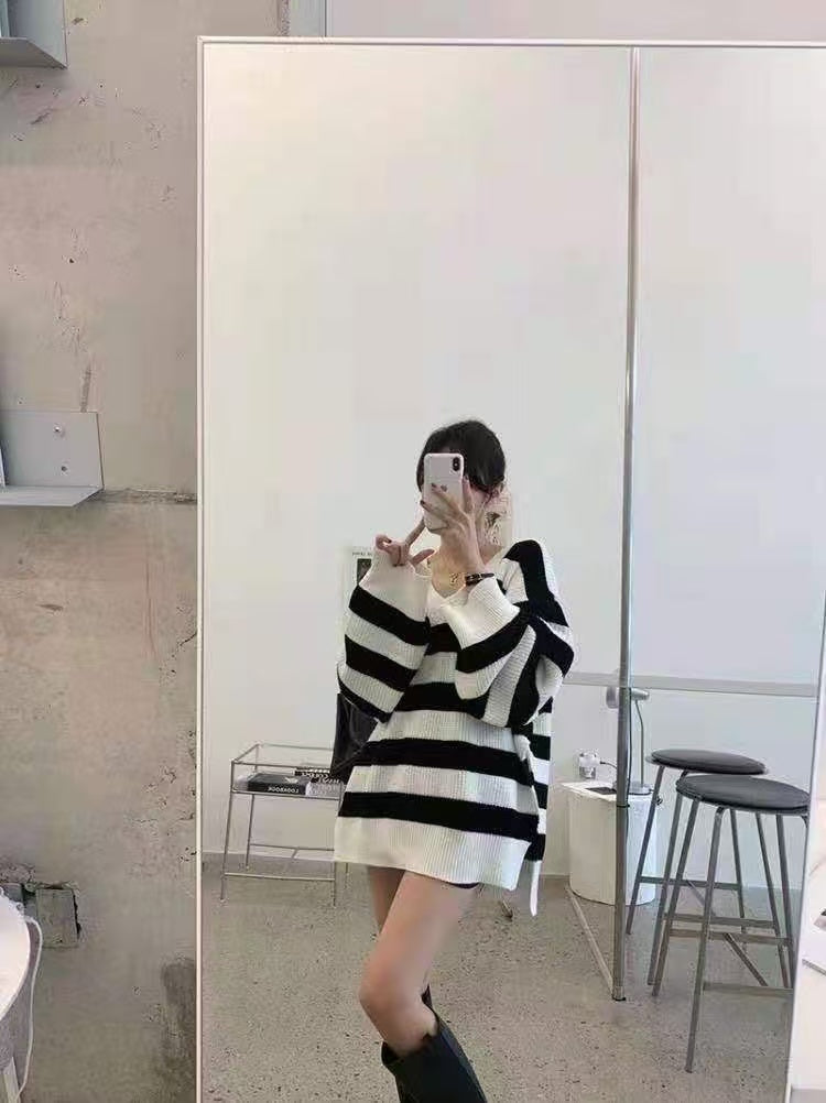 💕韓系ins簡約V領側開衩落肩長袖中長款毛衣