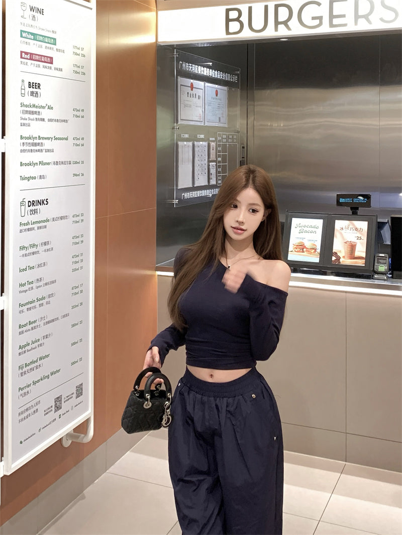 💕簡約通勤絕美基礎款斜肩磨毛上衣
