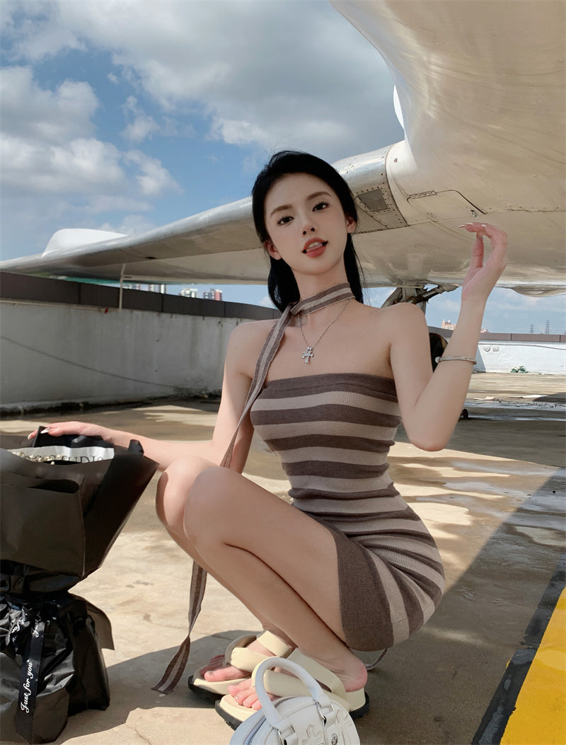 💕休閒條紋撞色親膚薄款針織抹胸連衣裙