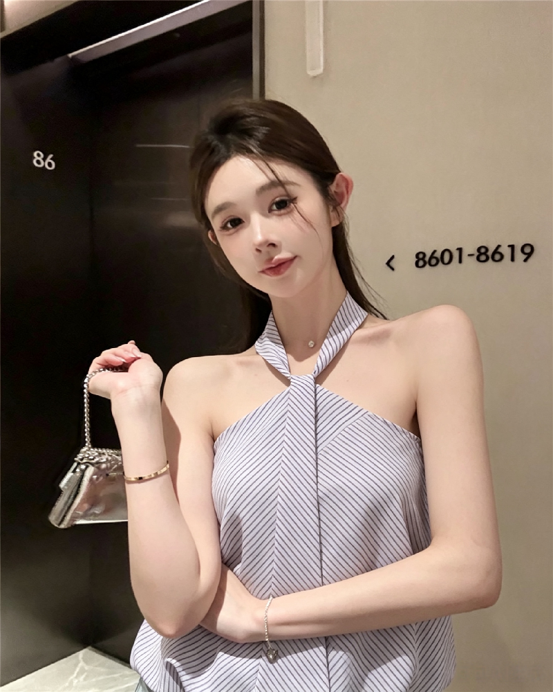 💕氣質掛脖黑白條紋抹胸花苞無袖上衣