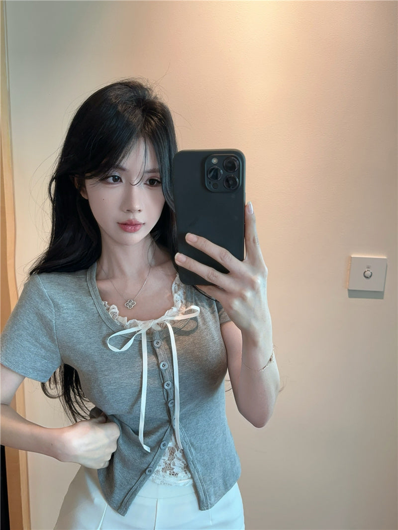 💕高級感假兩件短袖拼接蕾絲上衣