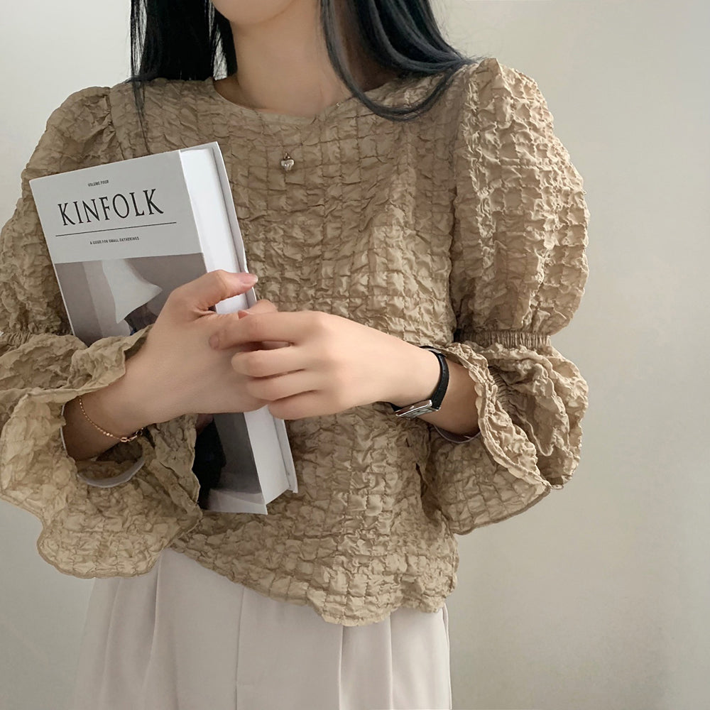 💕溫柔chic韓系泡泡皺褶圓領燈籠袖襯衫