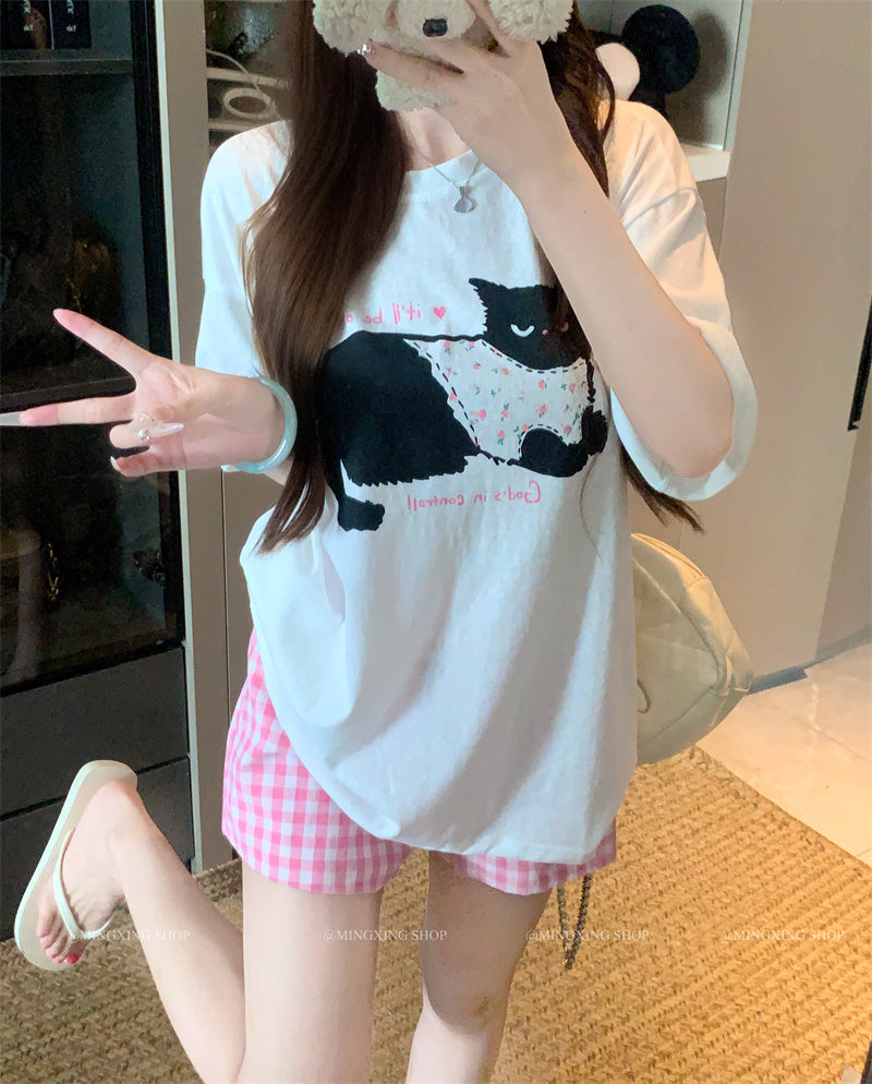 💕居家貓咪印花圓領T+格子短褲兩件套