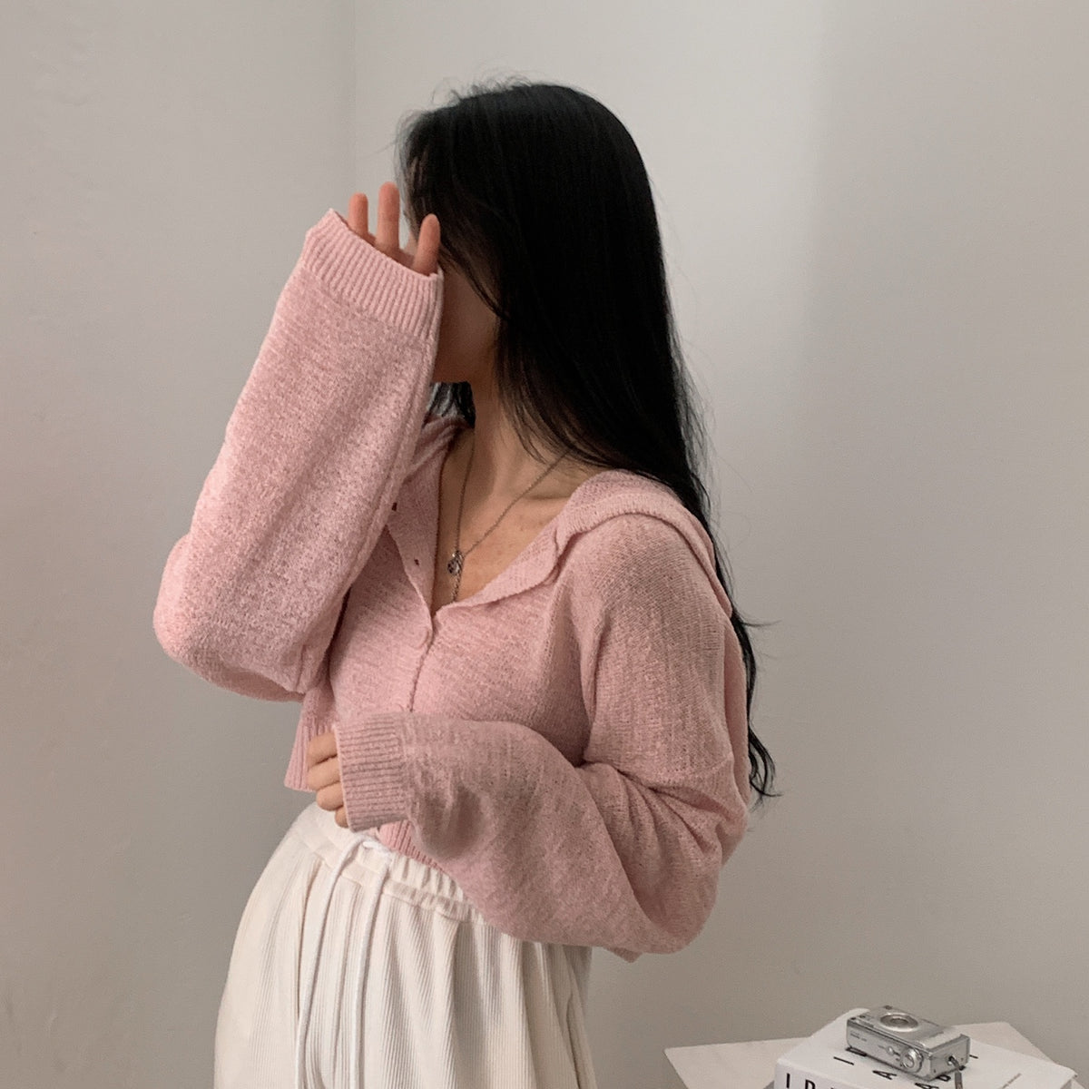 💕韓系慵懶冰絲薄款短燈籠袖連帽針織外套