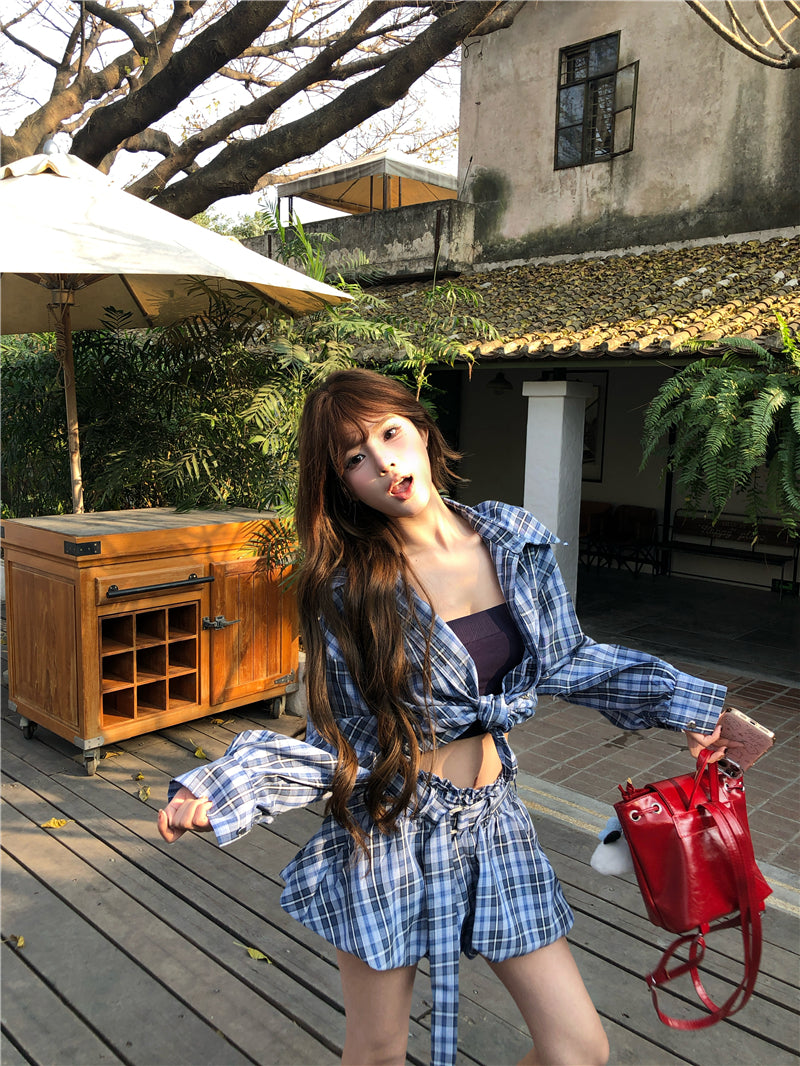 💕藍調風復古格紋襯衫短款褲裙兩件套