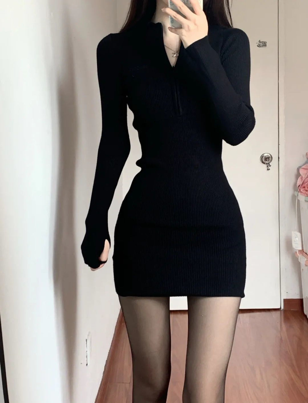 💕簡約百搭春秋翻領緊身包臀裙