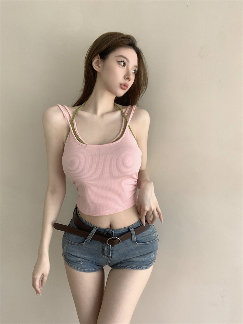 💕春夏熱辣假兩件帶胸墊吊帶背心