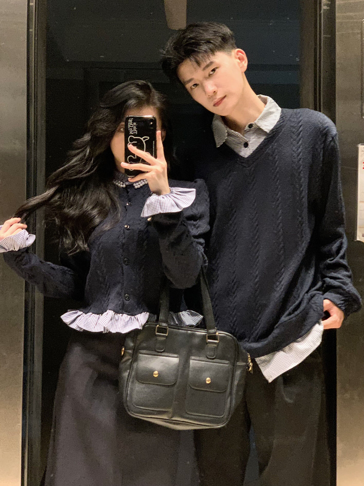 💕秋冬法式梨形長袖拼接假兩件情侶套裝