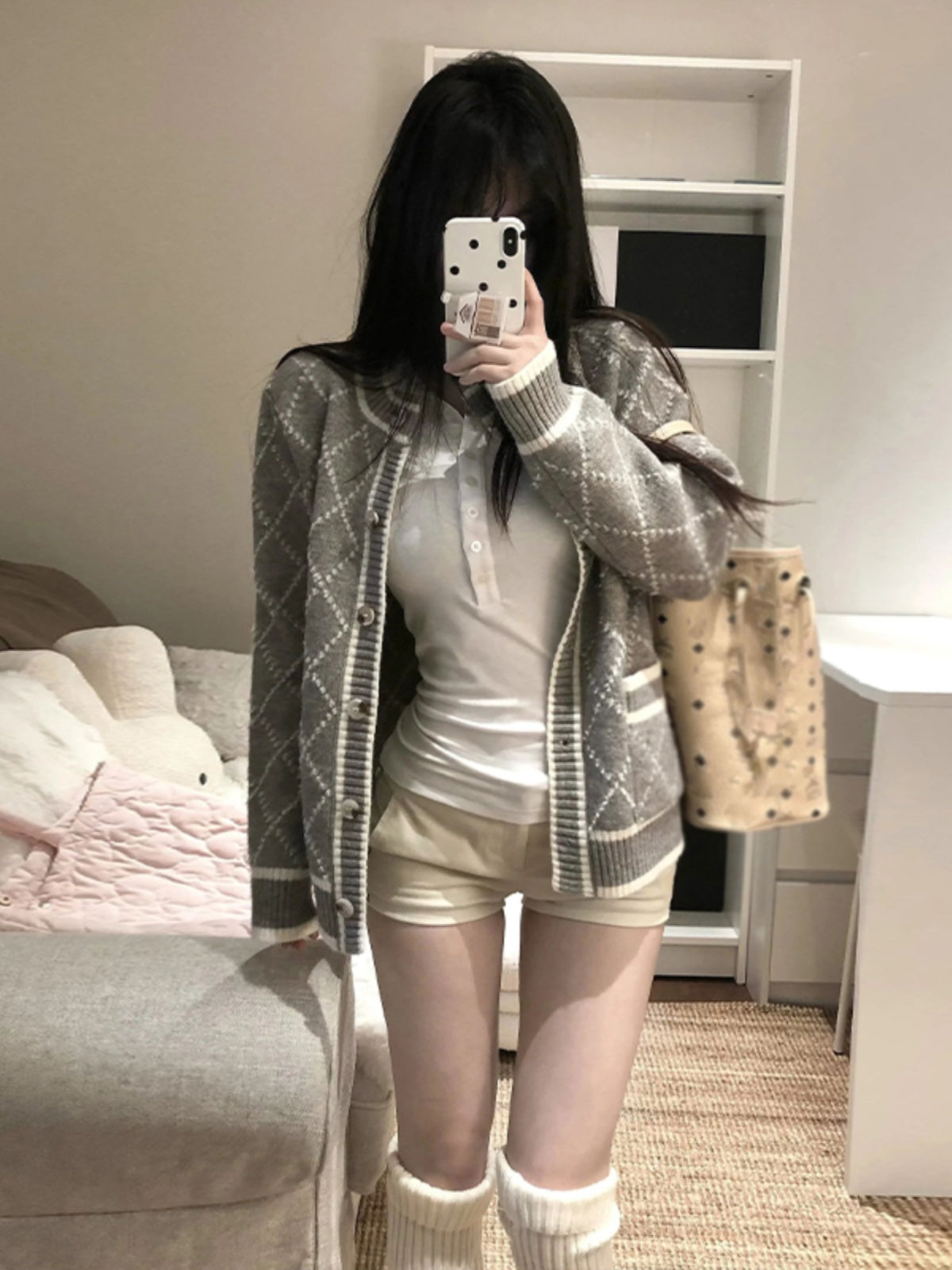 💕心動設計菱格毛衣灰色針織衫