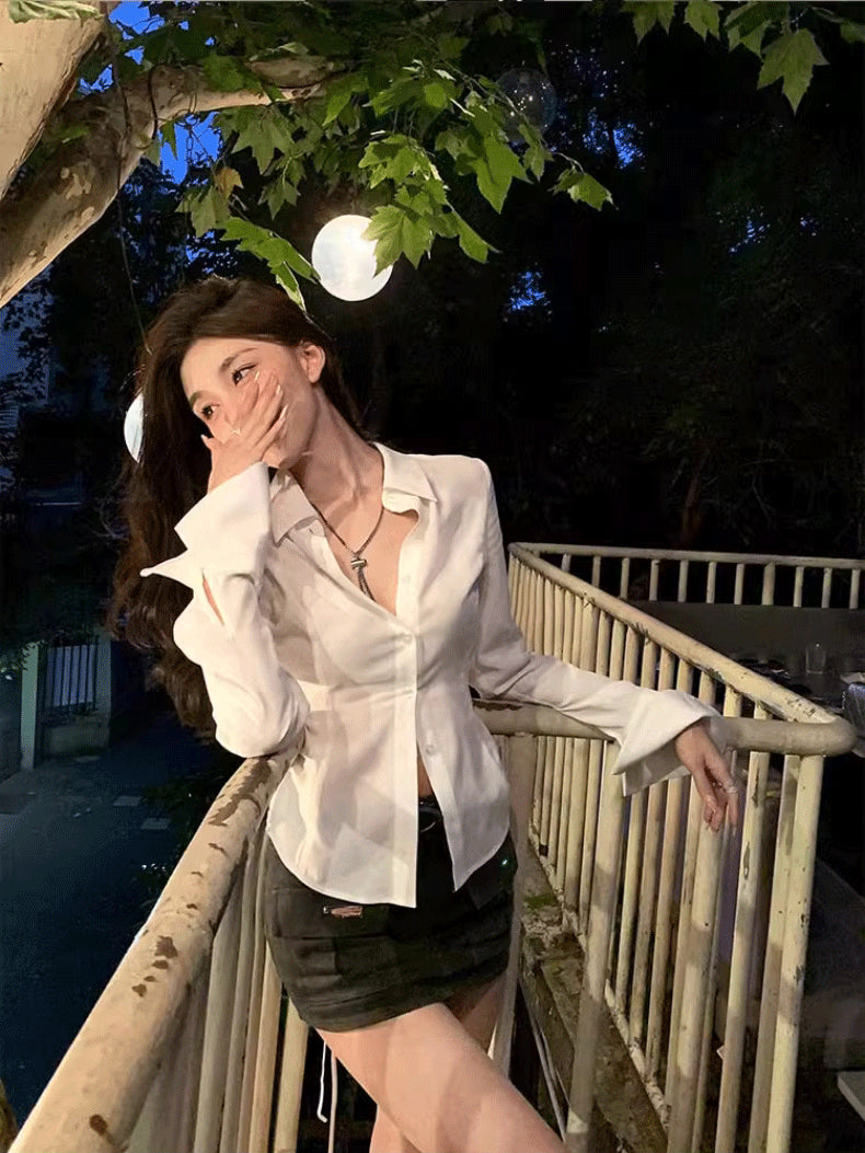 💕高級感西裝領長袖不規則褶皺襯衫