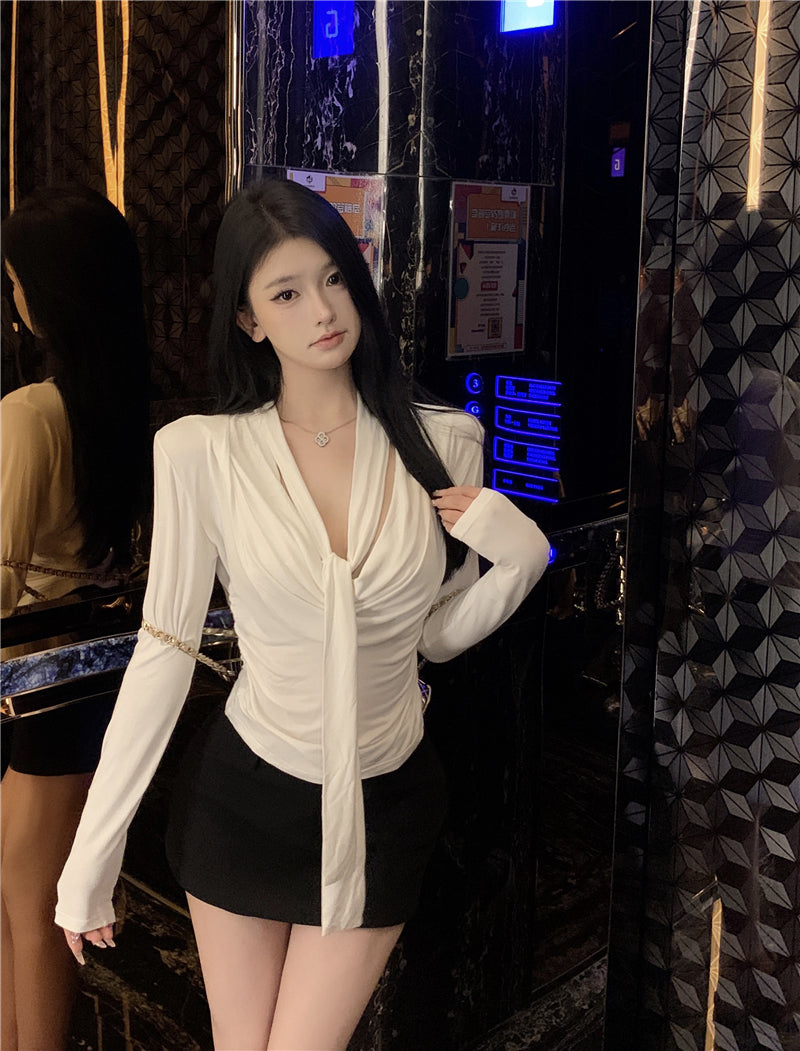 💕韓系設計感褶皺盪領飄帶長袖打底衣