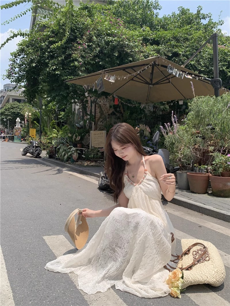 💕法式度假掛脖雪紡連衣長裙