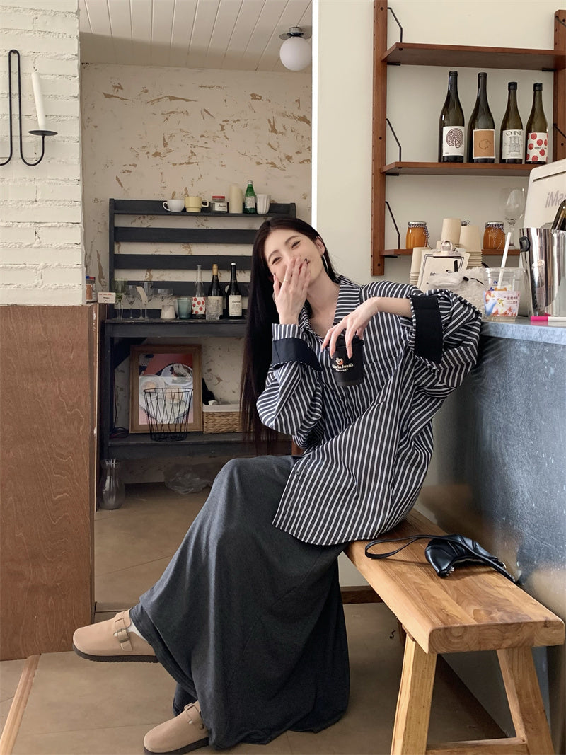 💕休閒條紋口袋襯衫撞色上衣套裝