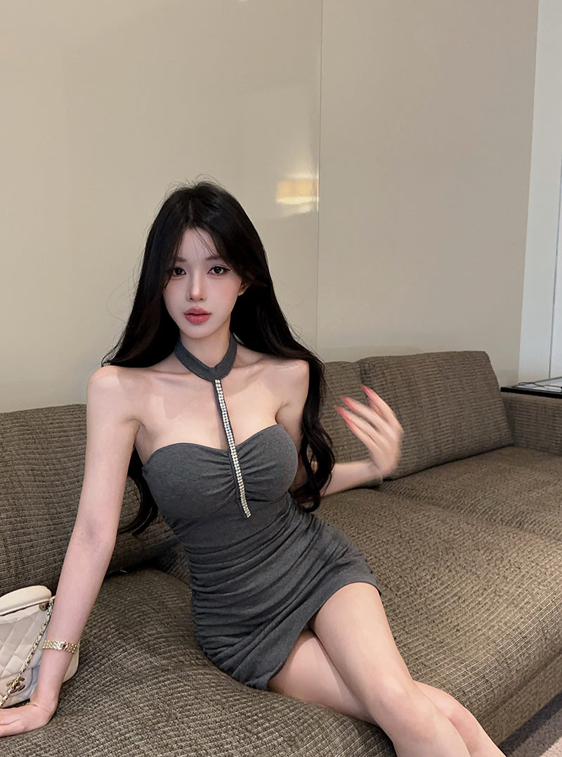 💕辣妹性感御姐風掛脖手工釘鑽緊身包臀裙