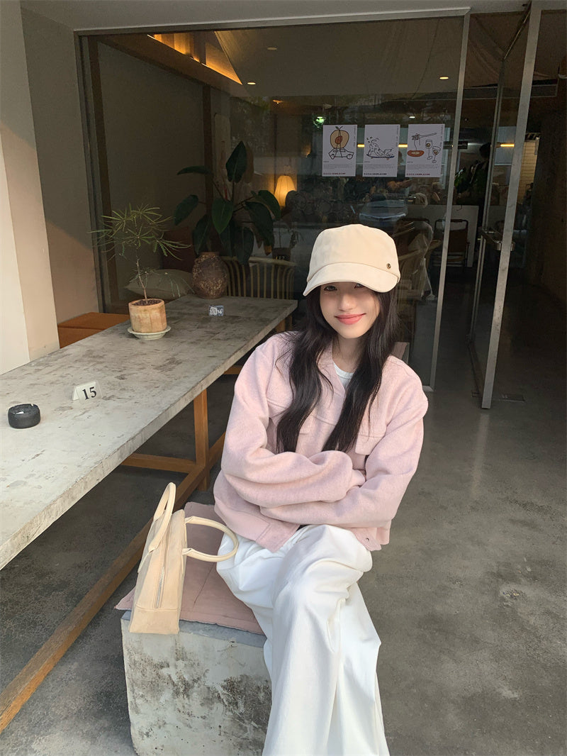 💕韓系通勤粉色棒球短款毛呢外套