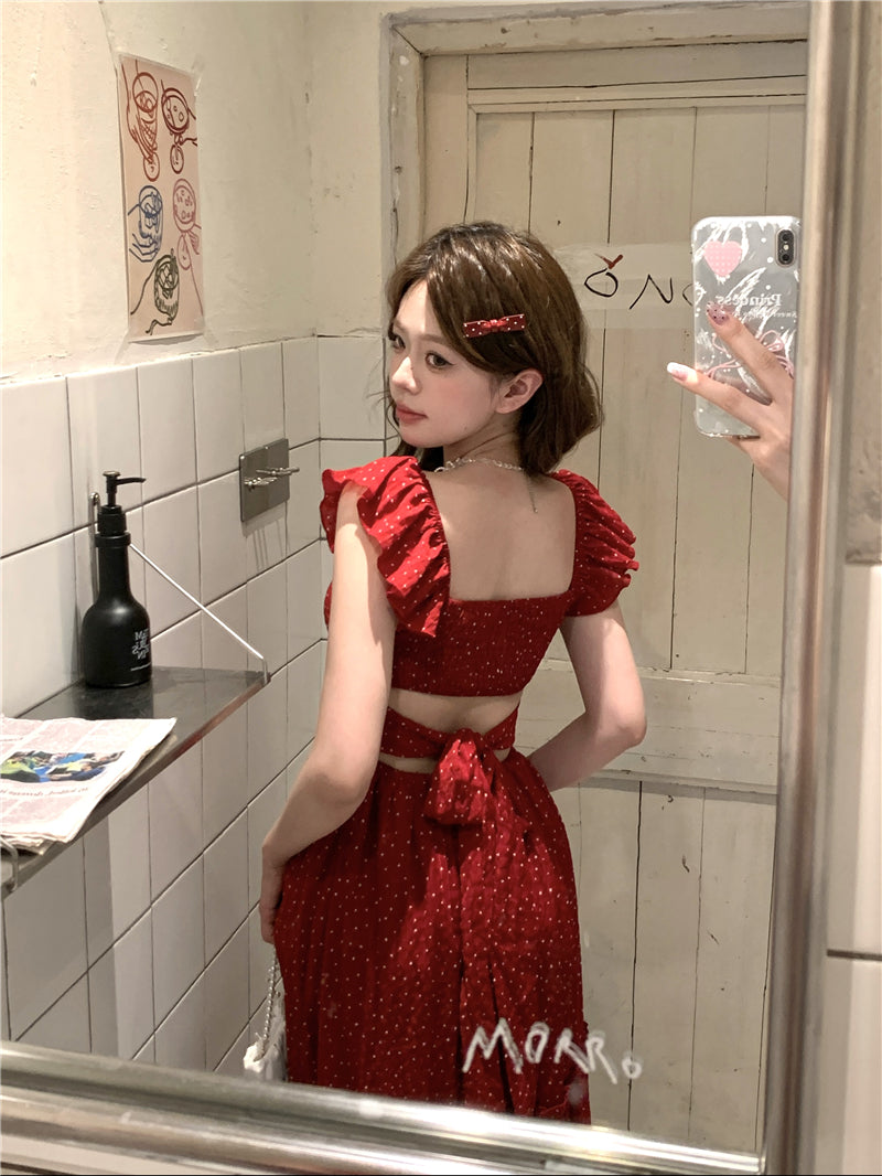 💕海邊度假小飛袖露背收腰長裙