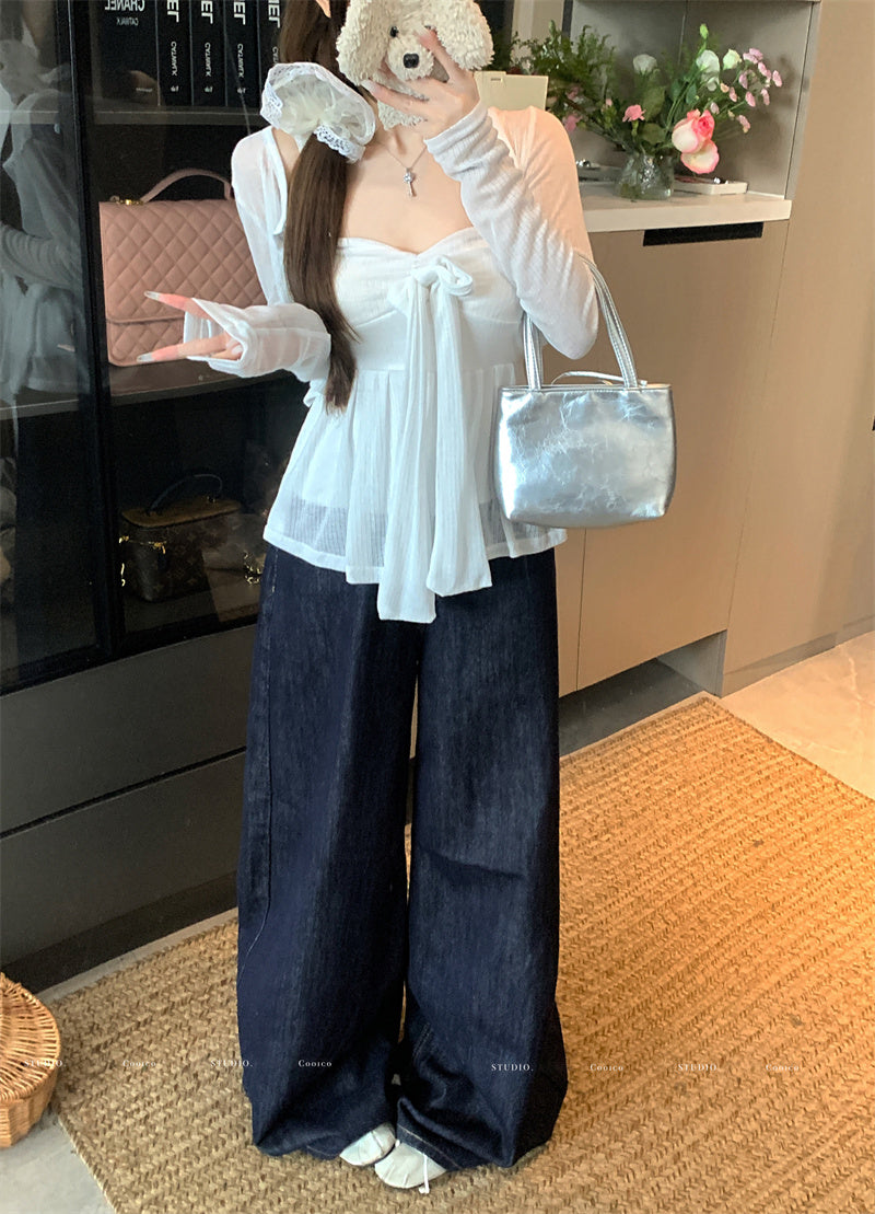 💕清透感白色針織開衫吊帶套裝