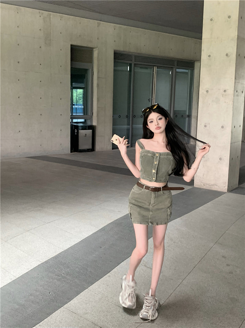 💕辣妹復古吊帶背心上衣配高腰半身裙牛仔套裝
