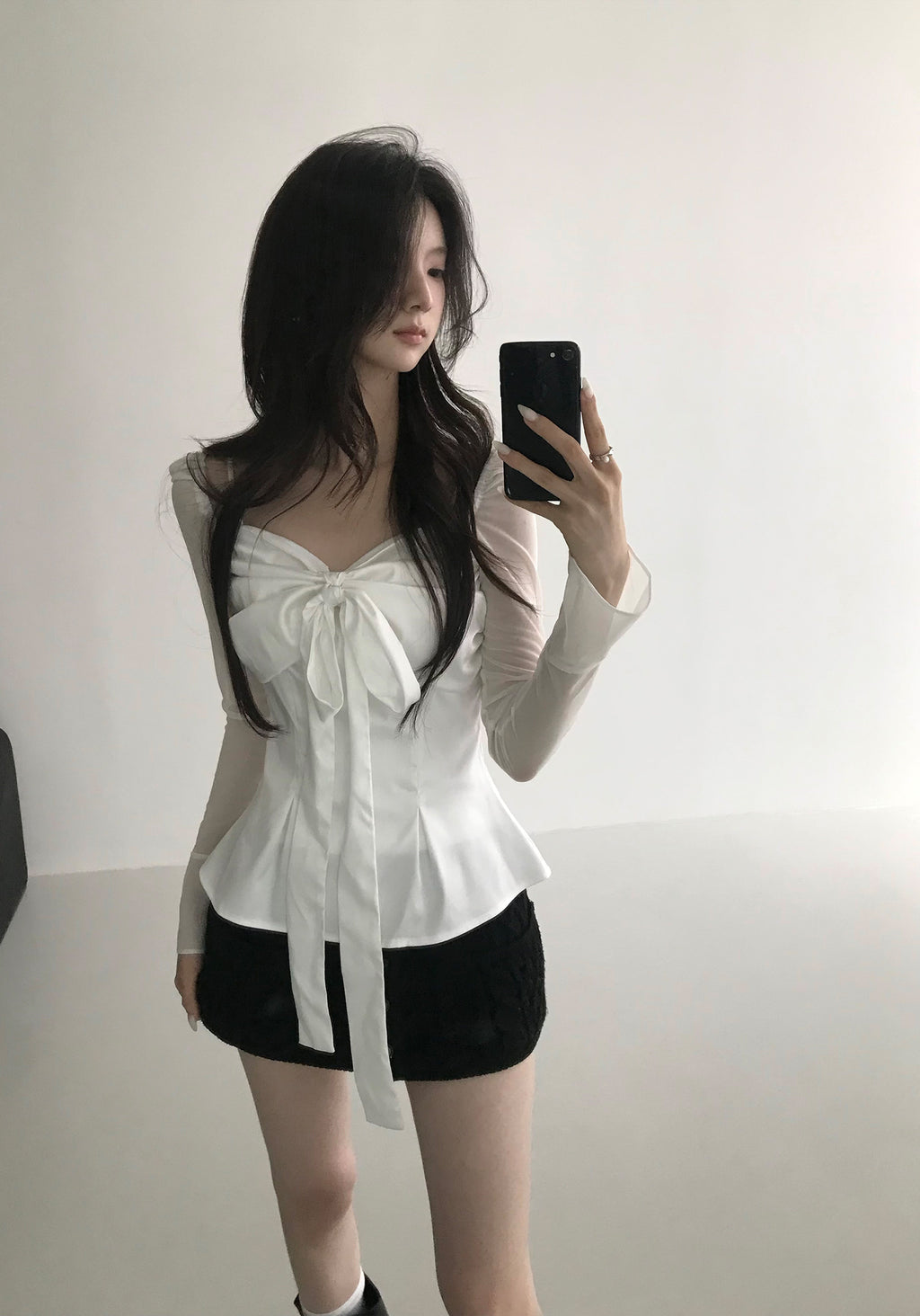 💕法式方領蝴蝶結飄帶氣質收腰顯瘦上衣