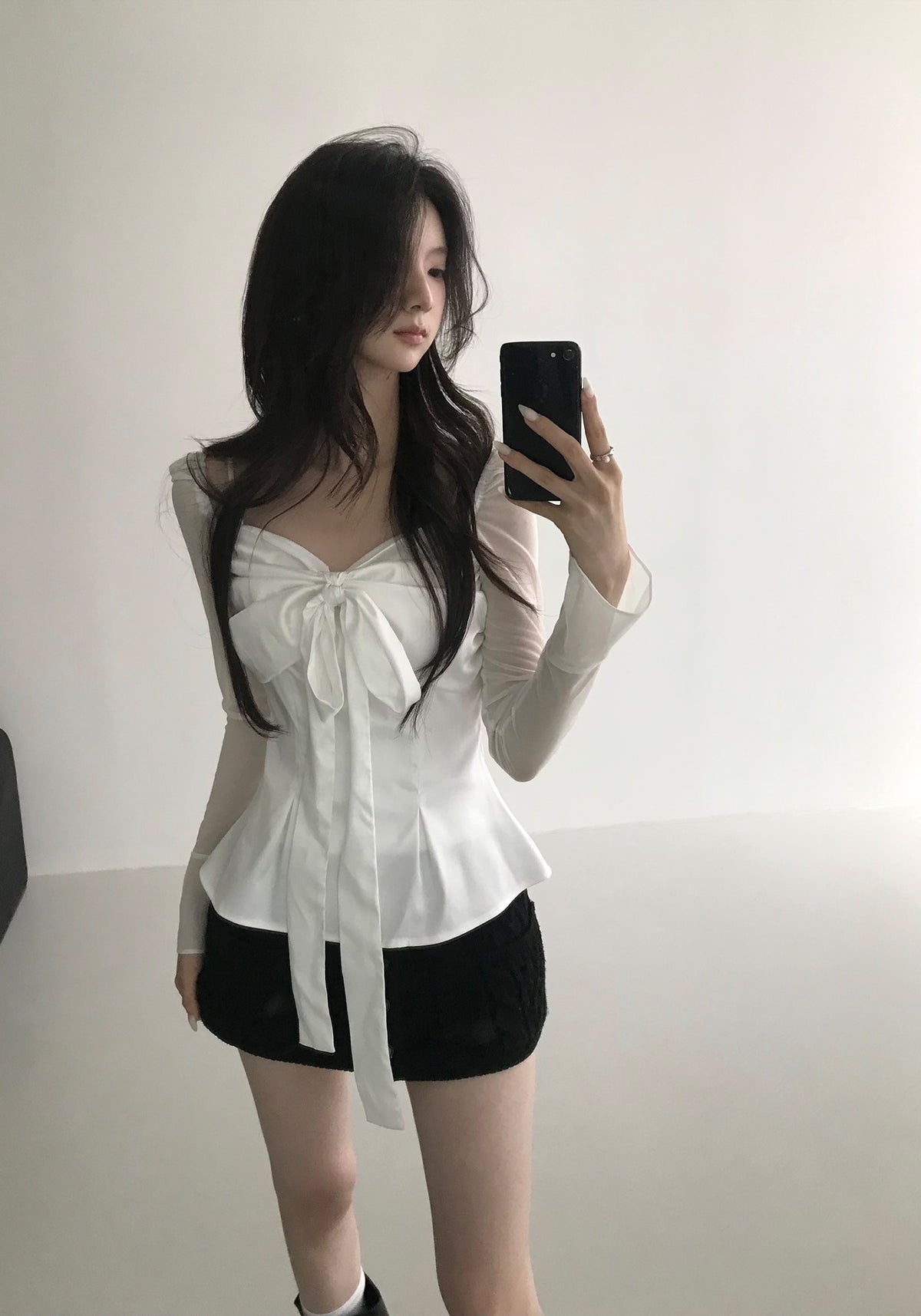 💕法式方領蝴蝶結飄帶氣質收腰顯瘦上衣