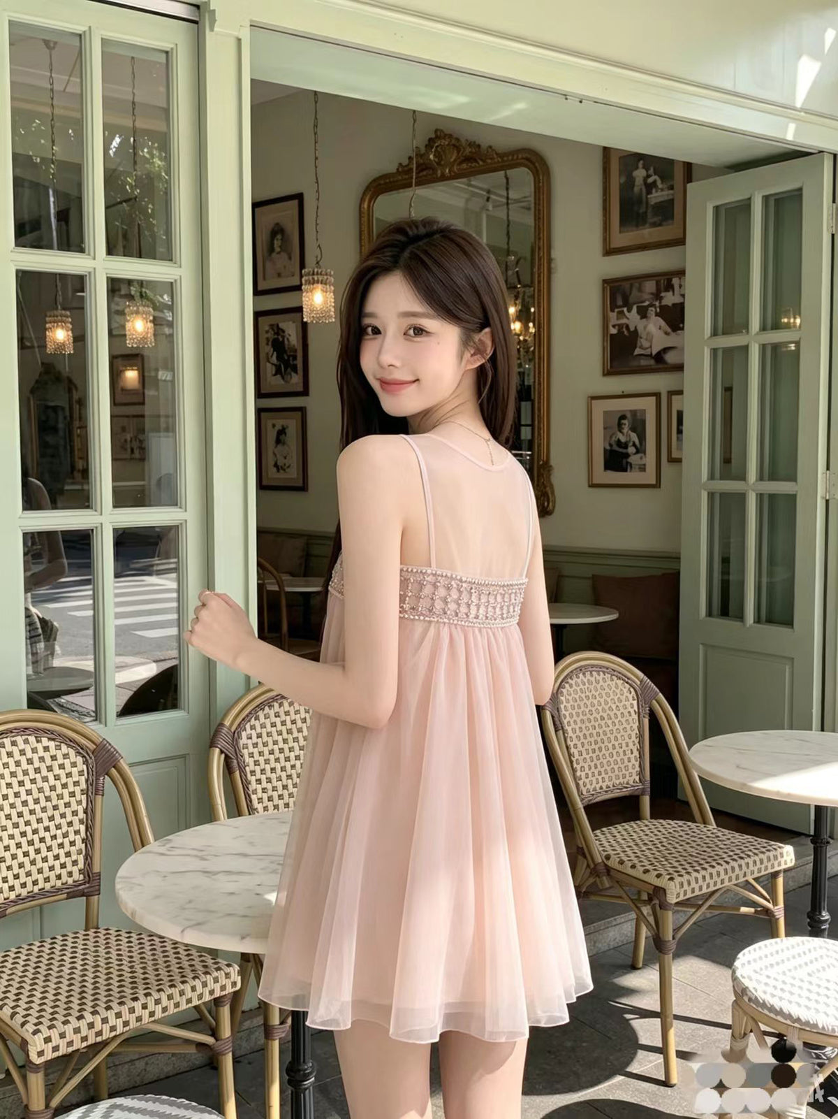 💕法式溫柔網紗無袖澎澎連衣裙