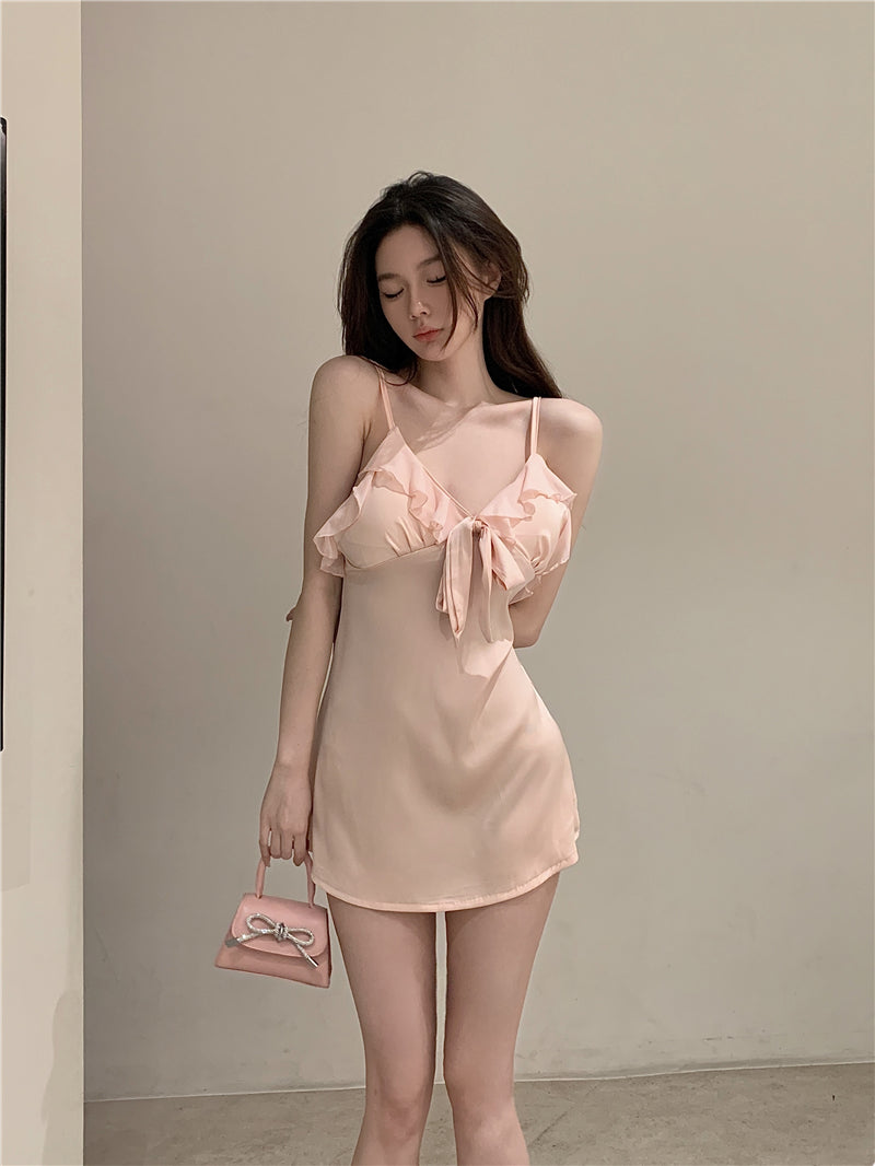 💕夜晚戰袍性感V領吊帶背心蝴蝶結睡衣裙