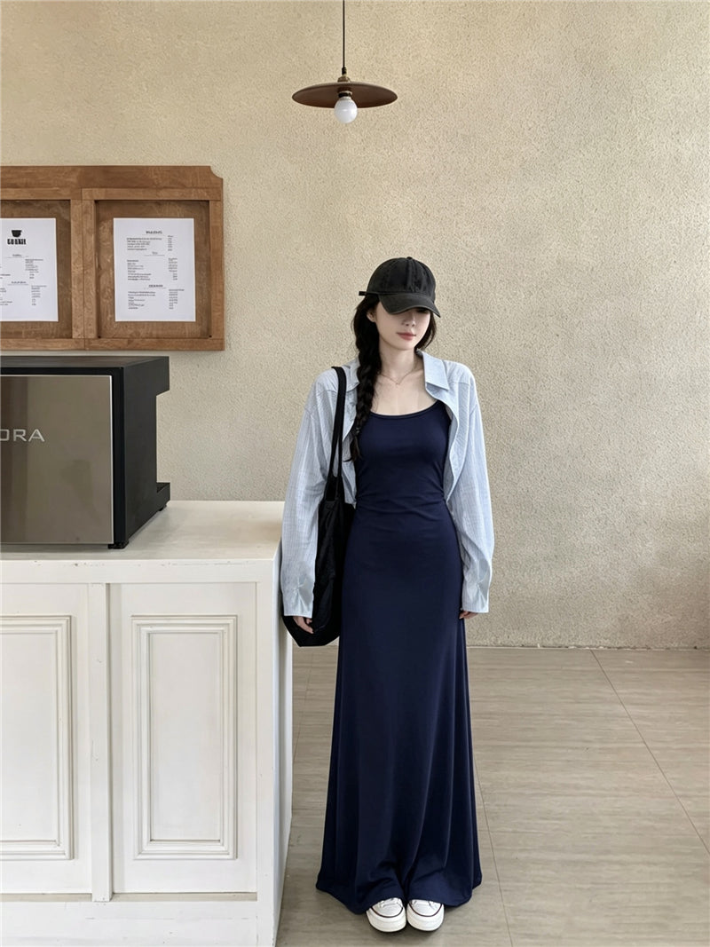 💕百搭休閒清透感藍色開衫連衣裙兩件套