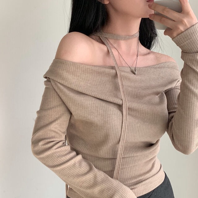 💕溫柔春秋純欲露肩+飄帶顯瘦法式上衣