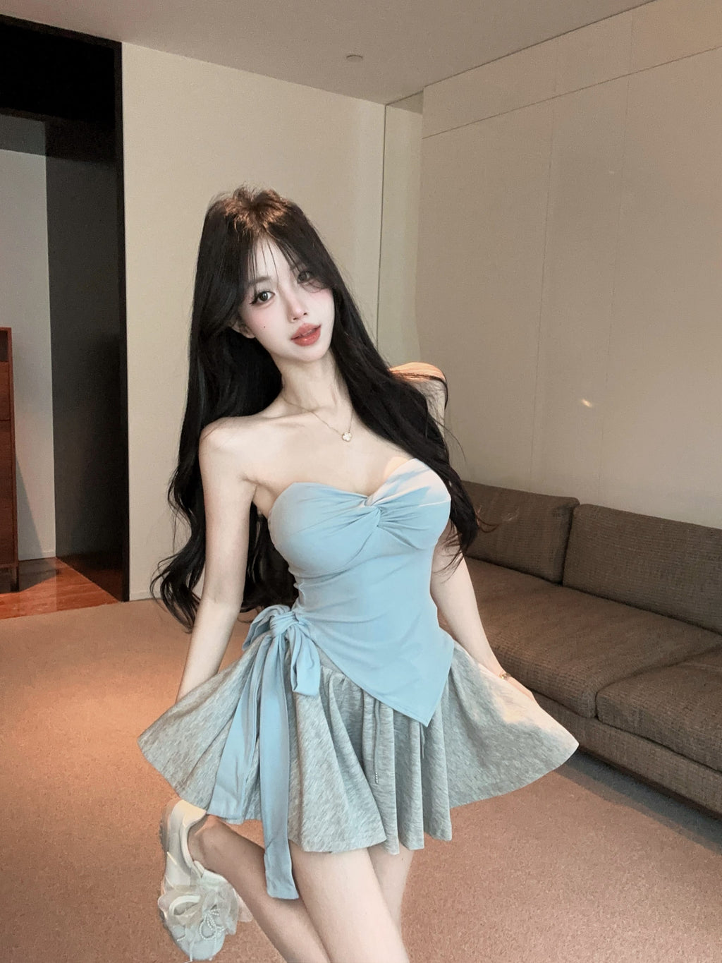 💕氣質帶胸墊不規則下擺系帶扭結兩件套