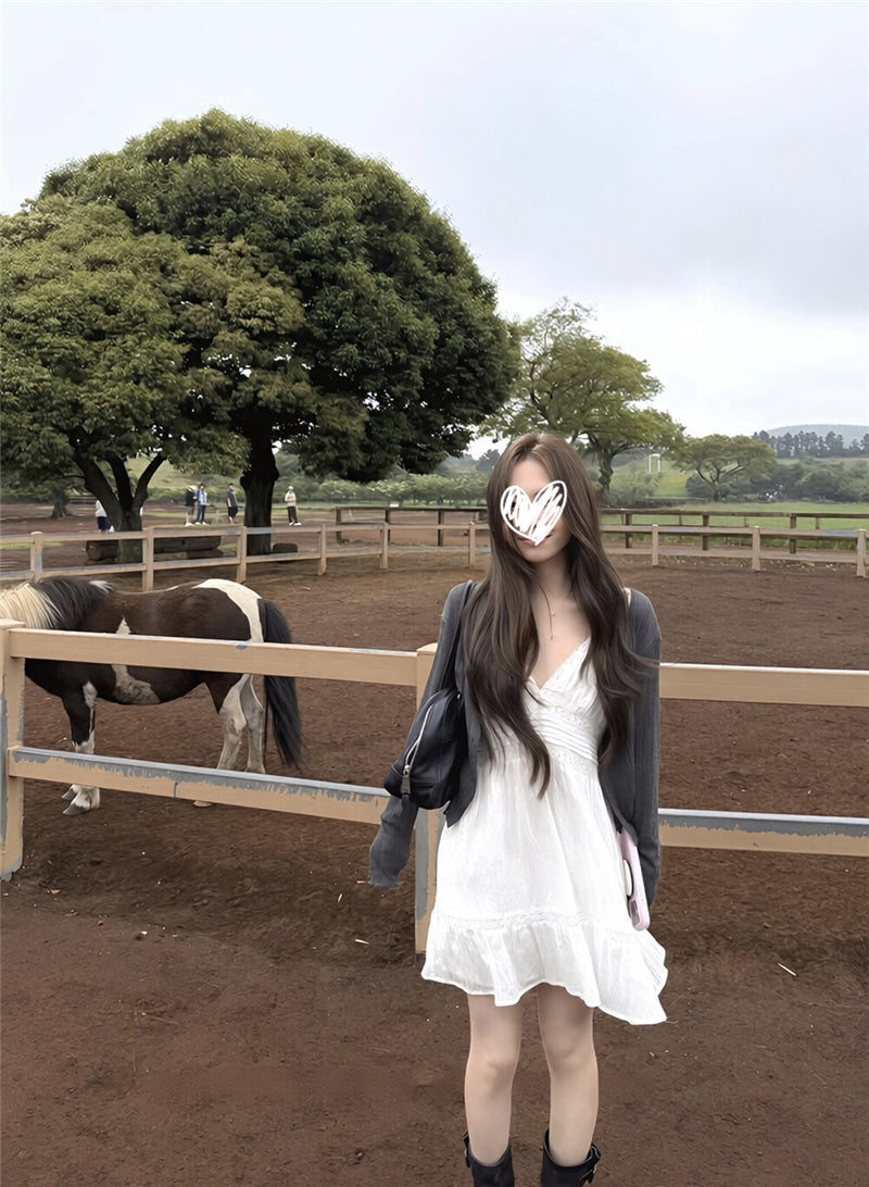 💕少女坑條理肌感針織開衫+蕾絲吊帶裙兩件套