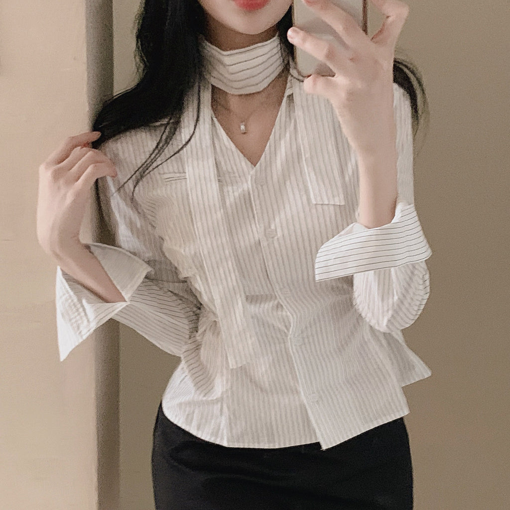 💕韓系小眾V領飄帶收腰百搭條紋上衣