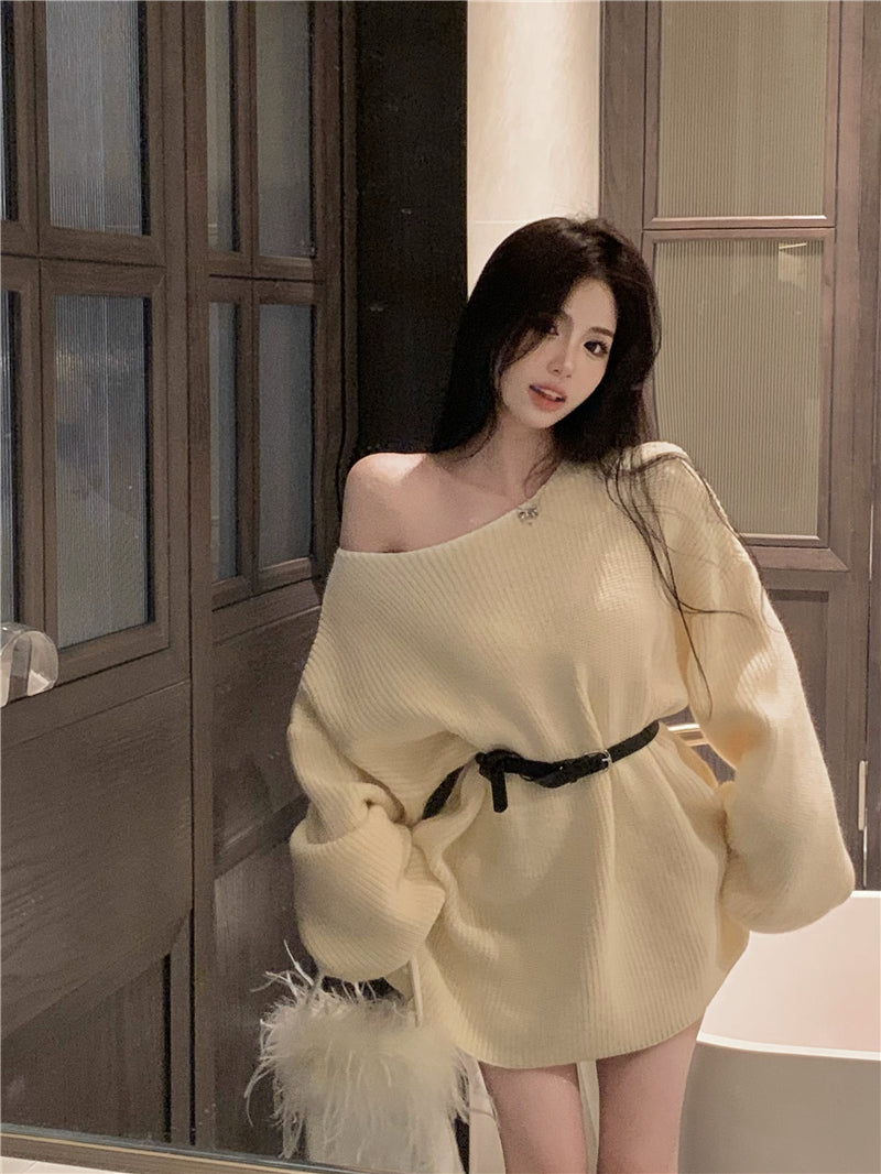 💕氣質甜美露肩針織寬鬆配腰帶連衣裙
