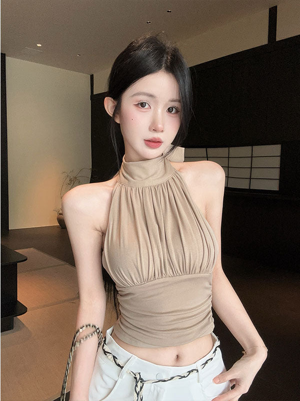 💕掛脖飄帶帶胸墊收腰無袖露肩上衣