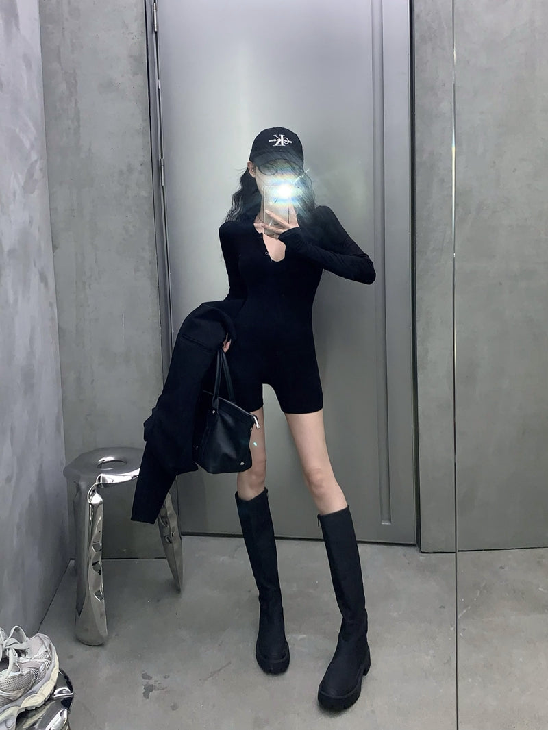 💕辣妹V領顯瘦緊身連體運動短褲