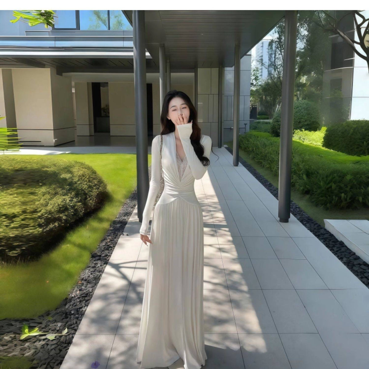 💕純欲深V氣質宴會蕾絲約會白色連衣裙