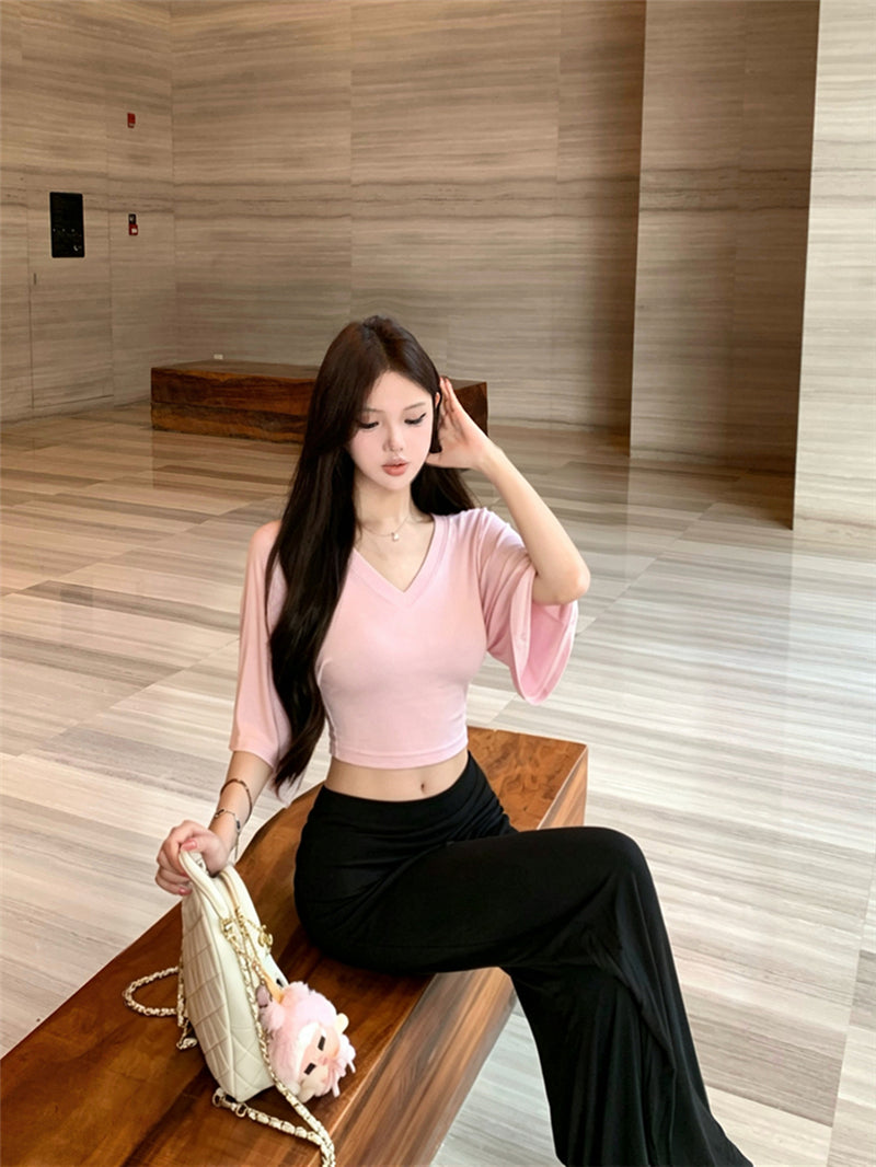 💕慵懶風V領收腰顯瘦蝙蝠袖上衣&直筒褲套裝