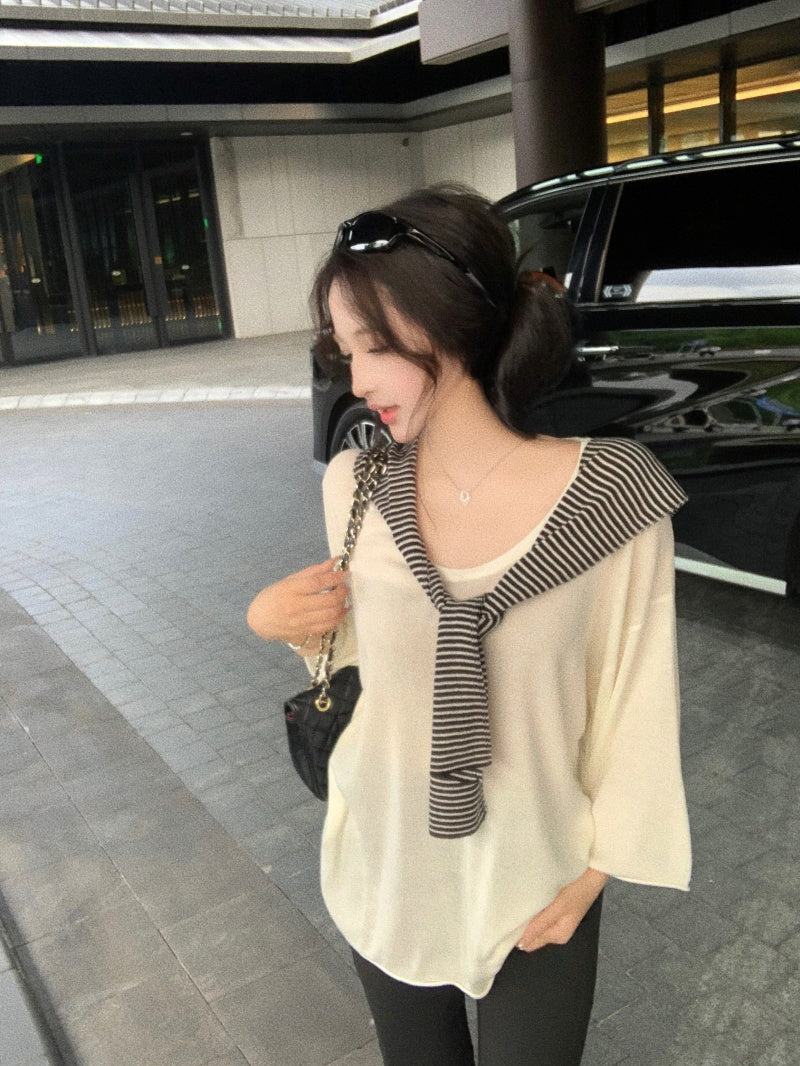 💕百搭條紋披肩深U領中袖T袖+七分微喇叭瑜珈褲