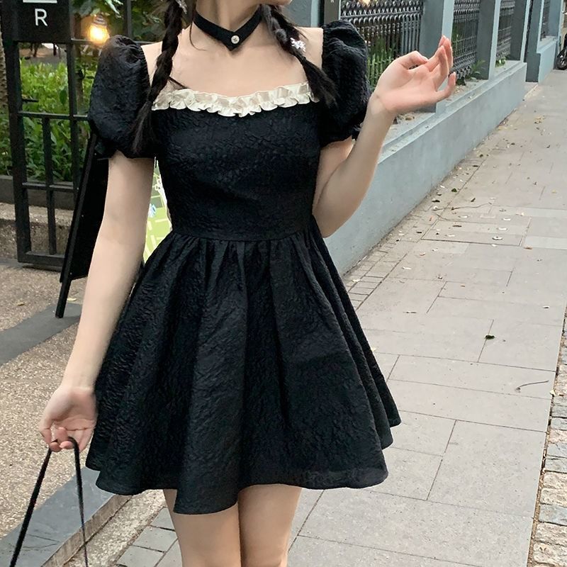 💕方領法式花邊露背蝴蝶結小個子澎澎短裙