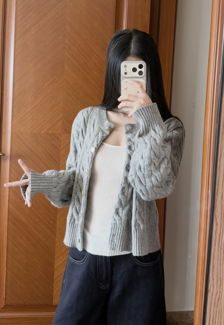 💕韓系高級感軟糯灰色麻花開衫