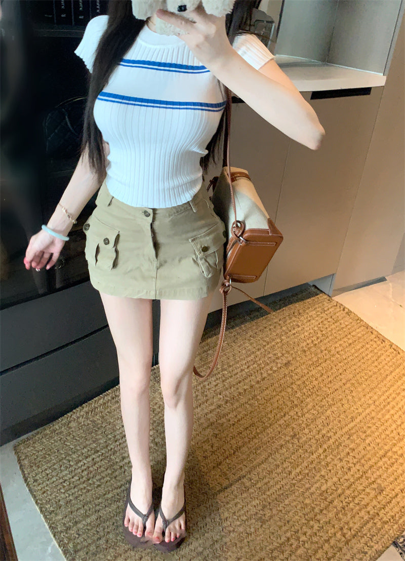 💕撞色條紋短袖針織圓領上衣