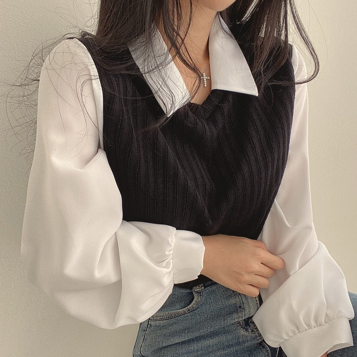 💕chic韓系假兩件拼接襯衫上衣