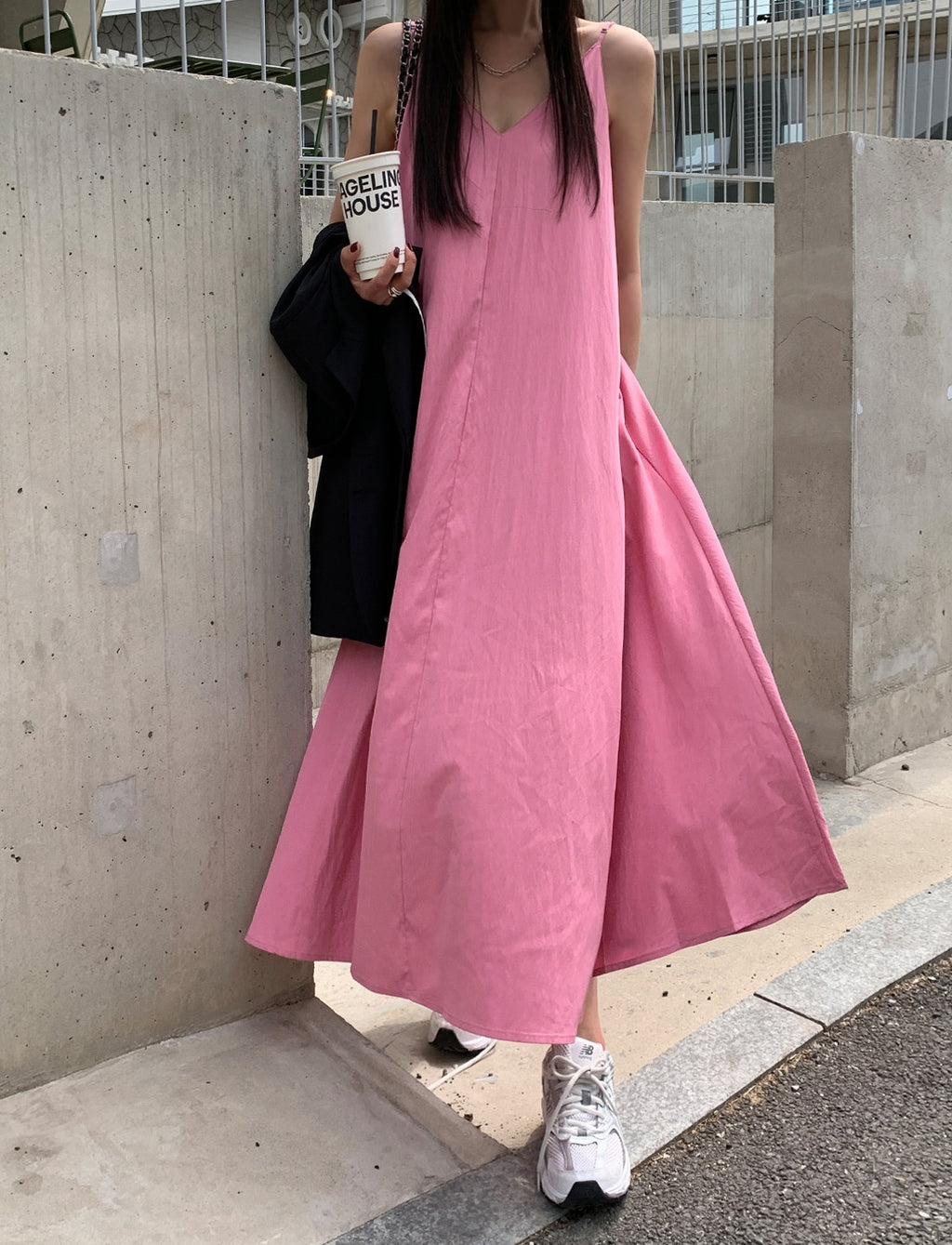 💕韓系氣質V領慵懶露背休閒度假長裙