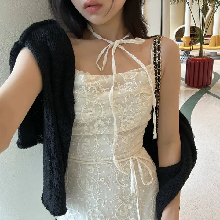 💕ihs系溫柔蕾絲性感露背鬆緊系帶收腰吊帶長裙