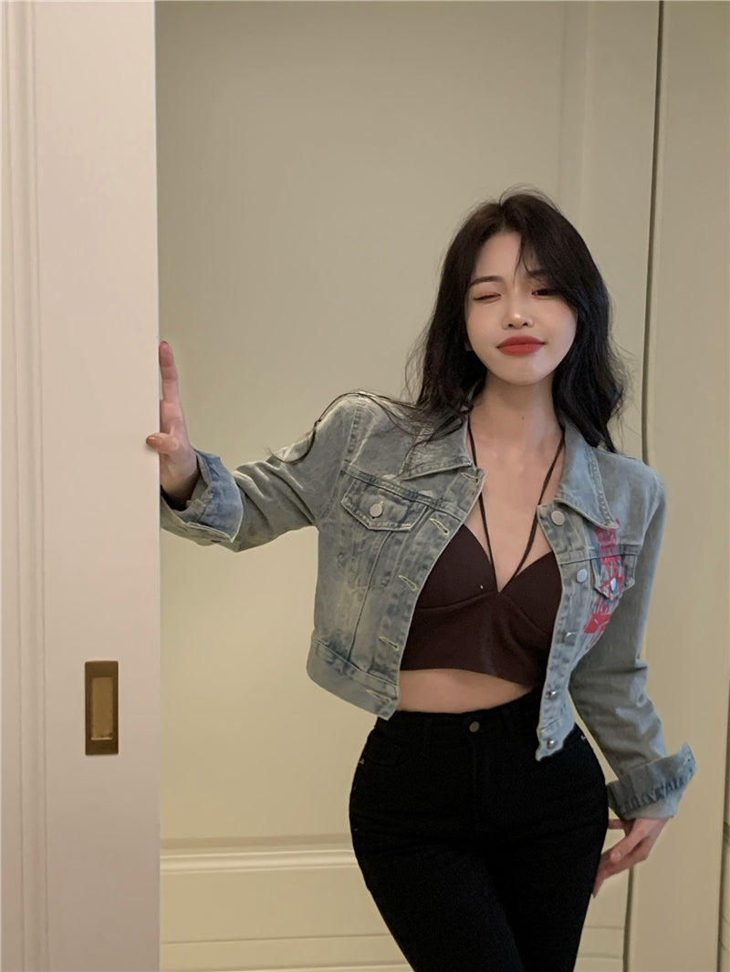 💕美式甜酷塗鴉字母印花短款夾克牛仔外套