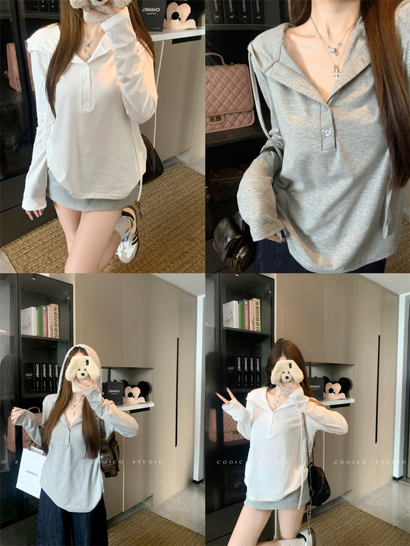 💕早秋鬆弛感鈕扣連帽長袖上衣
