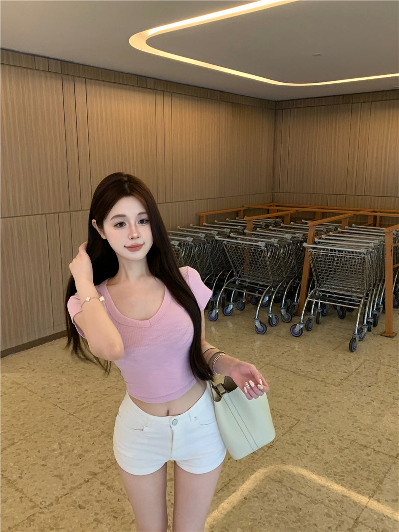 💕韓系簡約顯胸大彈力修身短袖T袖