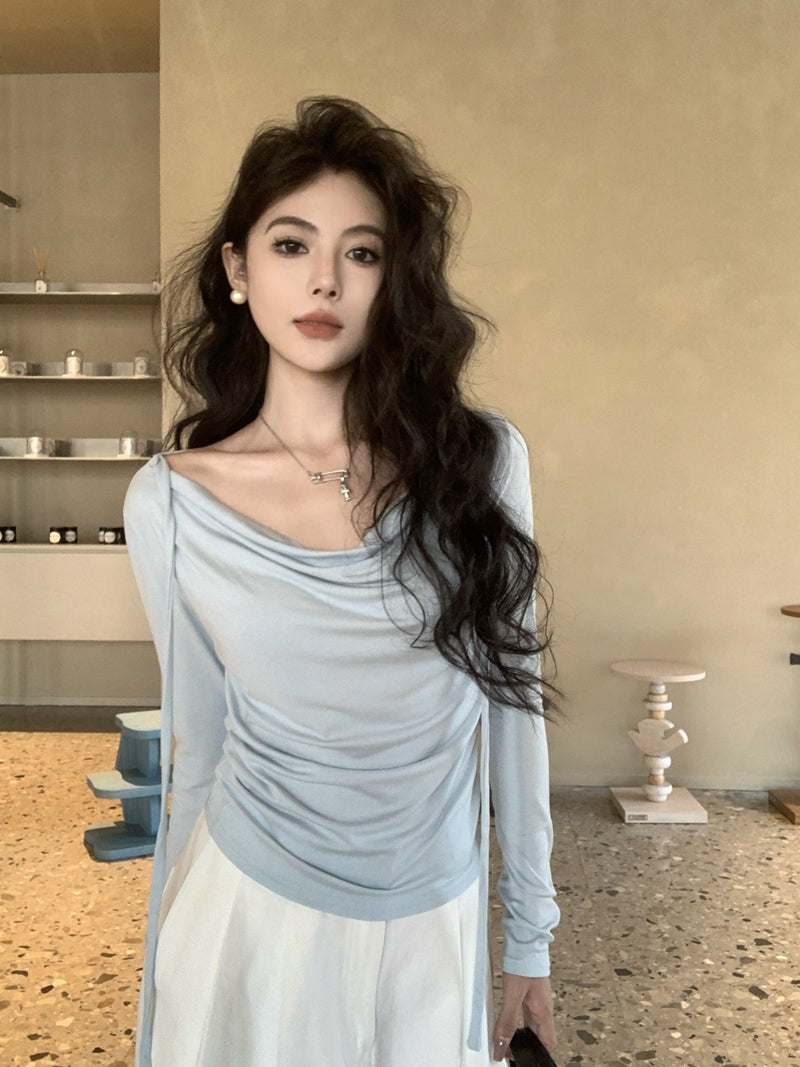 💕春夏甜美溫柔舒適盪領飄帶長袖上衣