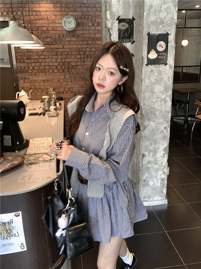 💕韓系格子襯衫連衣裙+連帽披肩配腰帶